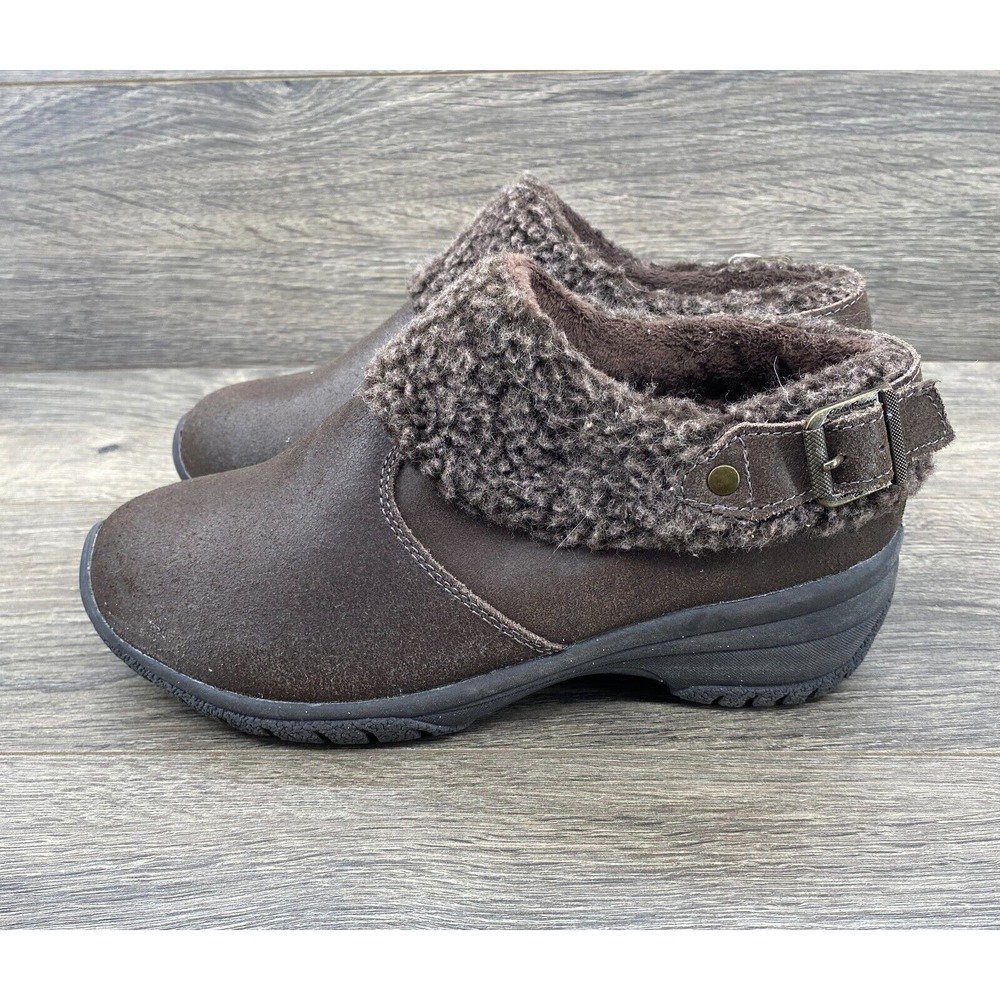 Eddie Bauer Clog Booties Women Size 7 Brown Leather Sherpa Trim Wedge Buckle